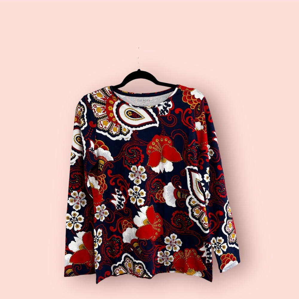 TALBOTS Cotton Long Sleeve Tee/ India Ink Multi